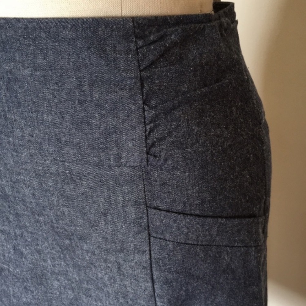 Denim stretch pencil skirt with ruched hip yoke, marked M but fits S